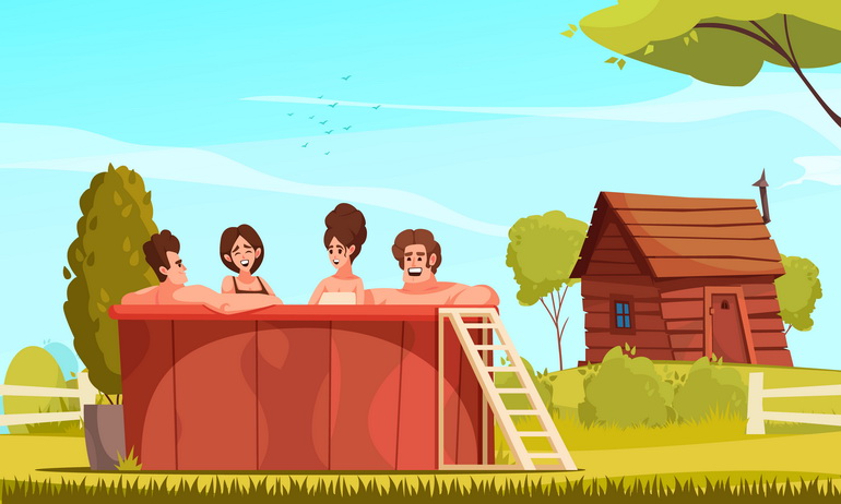 illustration of 4 people sitting in an outdoor pool